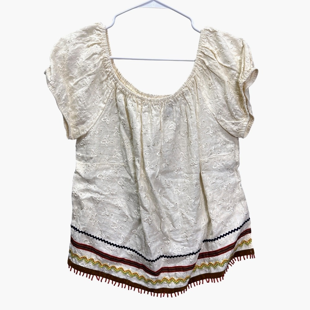 F.L. Malik Linen Cream Embroidered Peasant Top Blouse Size L Made in USA